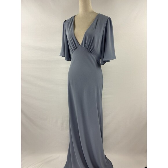 Jenny Yoo Bridesmaid Dress Maxi Pebbled Crepe Chambray Blue Grey 10 Sheer - Picture 1 of 10